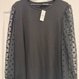 LOFT Black Top with Sheer Polka Dot Sleeves XXL NWT